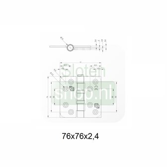 tekening kogellager scharnier 76x76x2,4
