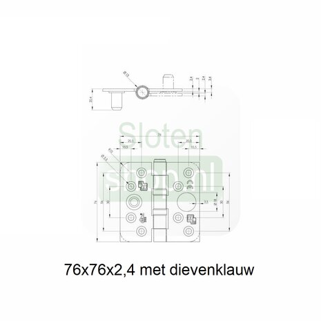 tekening kogellagerscharnier 76x76x2,4 met dievenklauw