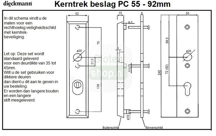 afmetingen beslag met kerntrekbeveiliging