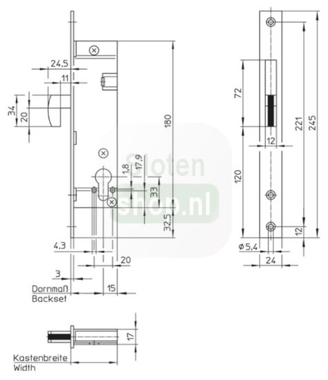 tekening smal schuifdeur slot doornmaat 25mm