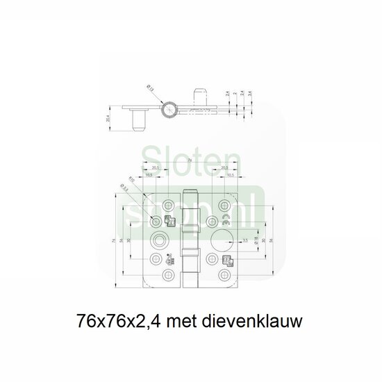 tekening kogellagerscharnier 76x76x2,4 met dievenklauw