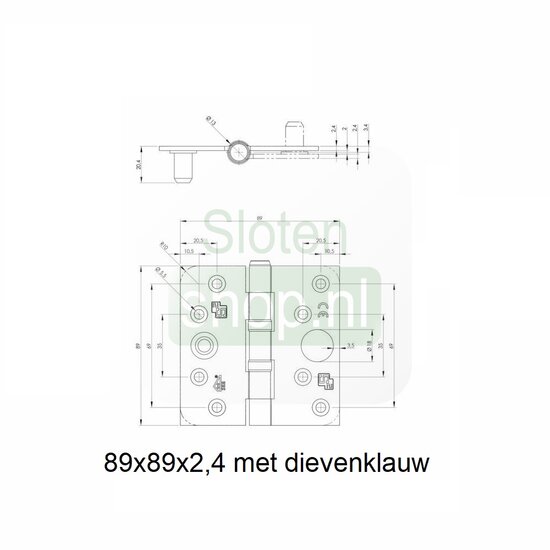 tekening veiligheids scharnier 89x89x2,4 met dievenklauw