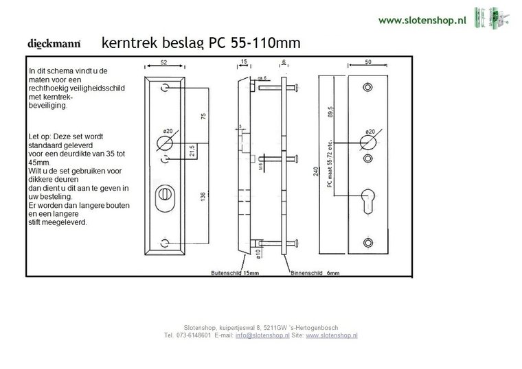 afmetingen beslag met kerntrekbeveiliging